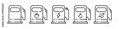 Petrol fuel station icon set. Oil, gas, eco, electric, bio energy station pictogram. Filling station vector illustration in outline style