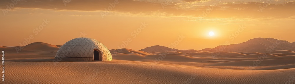 Igloo in a Vast Desert Landscape at Sunset with Golden Sand Dunes and a Warm, Glowing Sky Igloo in a Vast Desert Landscape at Sunset with Golden Sand Dunes and a Warm, Glowing Sky