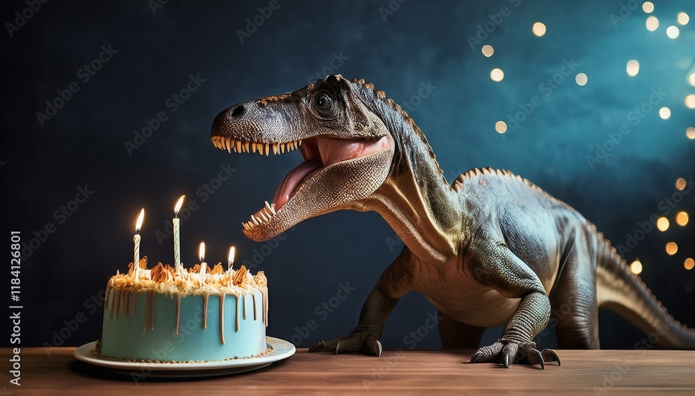 Naklejka premium dinosaur eating a birthday cake