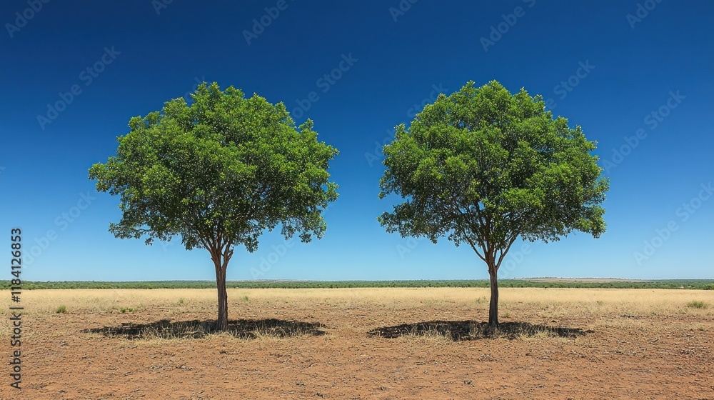 Fototapeta premium Two identical trees in a barren landscape under a clear blue sky.
