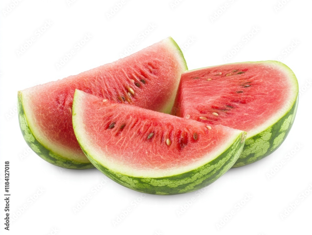 A watermelon is cut into slices and placed on a white background A watermelon is cut into slices and placed on a white background