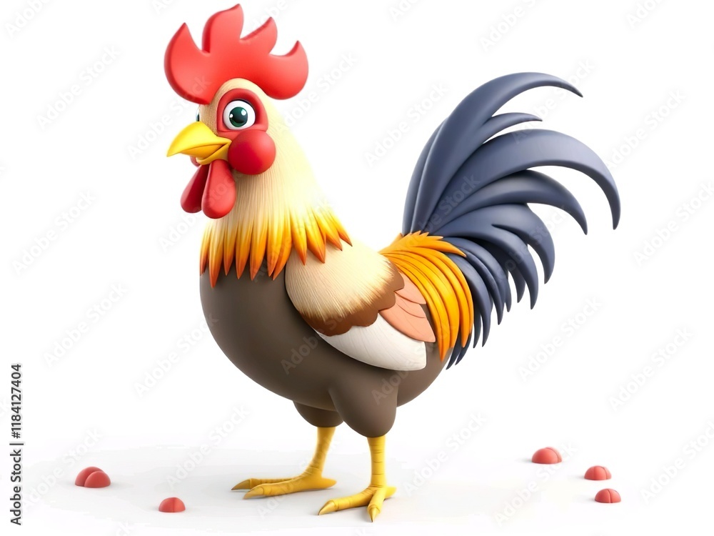 Fototapeta premium Happy cute rooster cartoon 3d rendering illustration