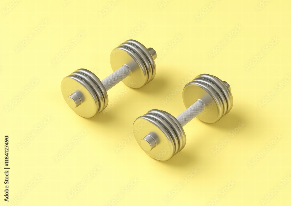Two dumbbells are on a yellow background Two dumbbells are on a yellow background