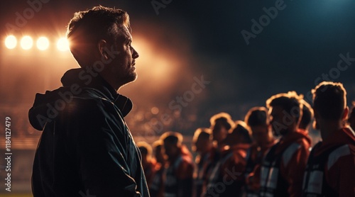 Confident Coach Leading a Team Under Stadium Lights Displaying Courageous Leadership