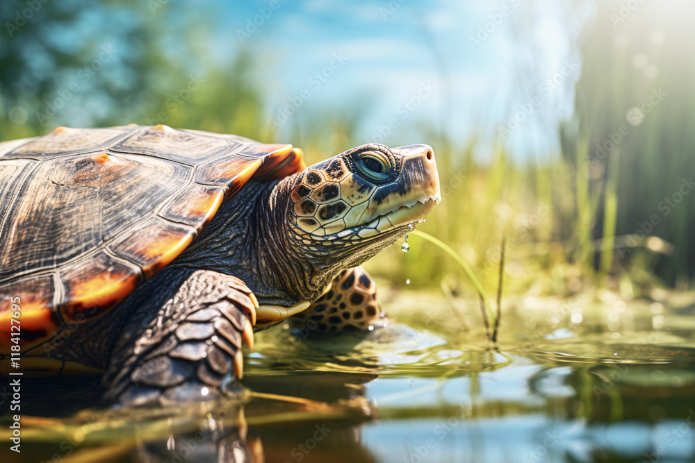 Close-Up of a Colorful Turtle Resting on a Grass-Lined Shoreline by a Calm Water Body Under a Bright Blue Sky with Soft Sunlight Glowing Close-Up of a Colorful Turtle Resting on a Grass-Lined Shoreline by a Calm Water Body Under a Bright Blue Sky with Soft Sunlight Glowing