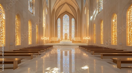 Serene church interior with stained glass and candlelight.