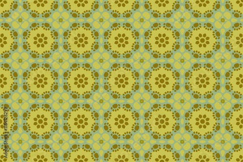 Seamless Retro Floral and Geometric Pattern in Earthy Green and Brown.