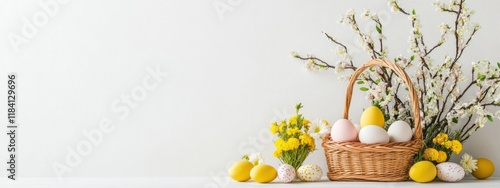 Wallpaper Mural Celebration of Easter with a charming display of willow branches, colorful flowers, and decorated eggs in a basket on a white table inviting spring joy Torontodigital.ca