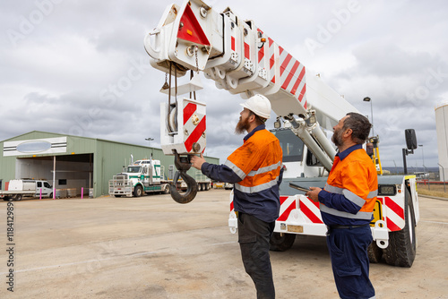Two workers checking the parts of the crane truck on industrial site
