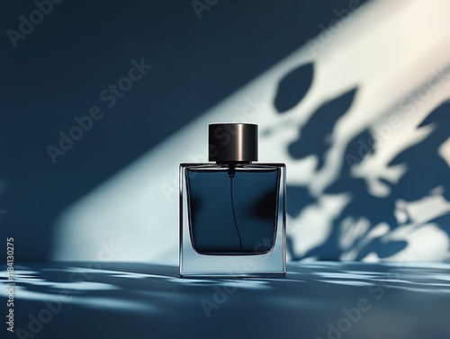 A bottle of men's perfume stands on an elegant podium, with the silhouette of dark blue shadows creating a mysterious atmosphere around it. The product is captured in close-up, 