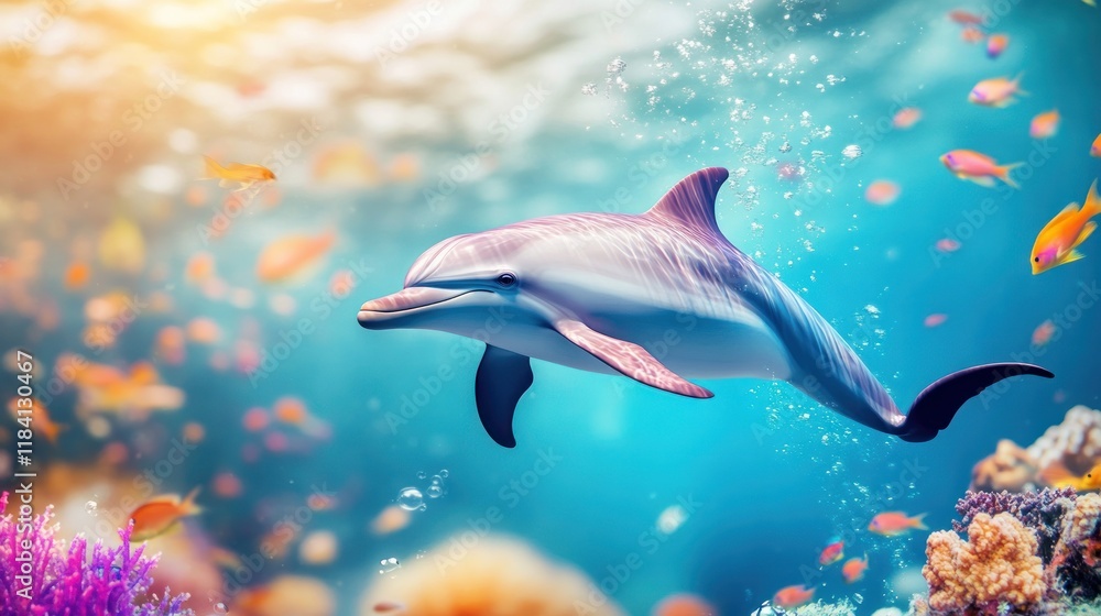 Obraz premium Dolphin swimming in vibrant coral reef with colorful fish. (1)