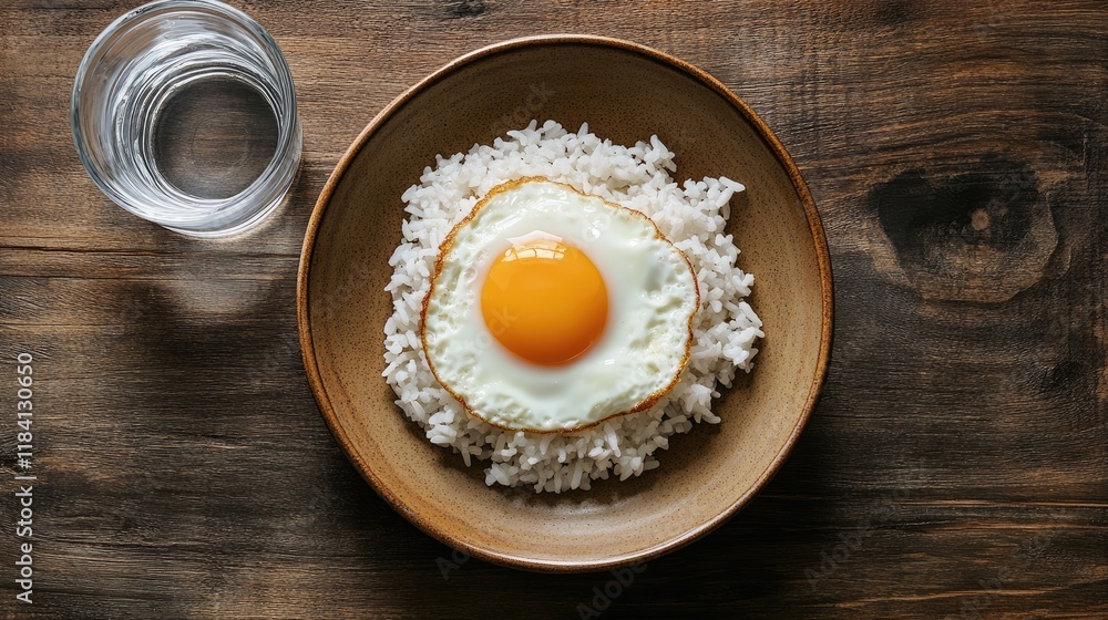A freshly cooked meal of fried egg and rice with a glass of water on a simple ceramic plate, top view. A freshly cooked meal of fried egg and rice with a glass of water on a simple ceramic plate, top view.