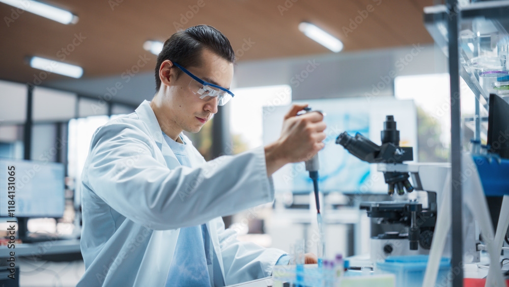 Medical Research Laboratory: Portrait of a Young Scientist Using Micropipette to Analyze Samples Under Microscope. Advanced Scientific School Course for Medicine and Microbiology Development Medical Research Laboratory: Portrait of a Young Scientist Using Micropipette to Analyze Samples Under Microscope. Advanced Scientific School Course for Medicine and Microbiology Development