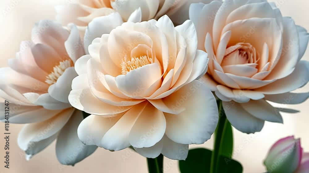 Delight in the beauty of peonies as they bloom in gentle hues, creating a serene and calming atmosphere for any observer Delight in the beauty of peonies as they bloom in gentle hues, creating a serene and calming atmosphere for any observer