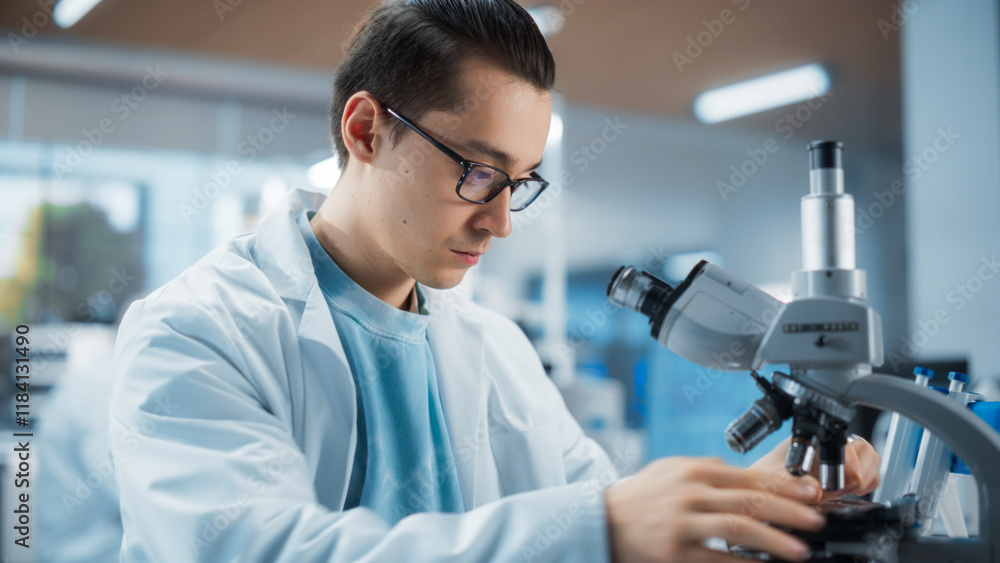 Genetic Research and Development Laboratory: Portrait of a Young Science Student Working and Looking at a Sample Under a Microscope. Advanced Biotechnology Lab with Modern Equipment Genetic Research and Development Laboratory: Portrait of a Young Science Student Working and Looking at a Sample Under a Microscope. Advanced Biotechnology Lab with Modern Equipment