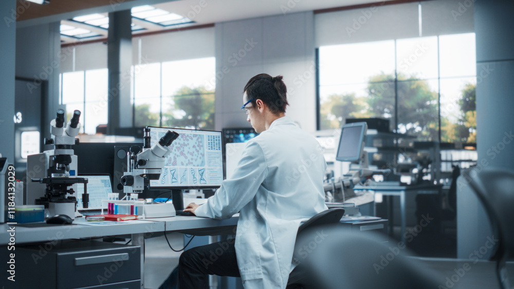 Genetic Research and Development Laboratory: Young Science Student Working on a Computer and Using a Microscope. Advanced Biotechnology Lab with Modern Equipment. Back View Genetic Research and Development Laboratory: Young Science Student Working on a Computer and Using a Microscope. Advanced Biotechnology Lab with Modern Equipment. Back View
