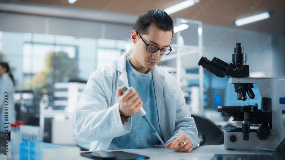 Medical Research Laboratory: Portrait of a Handsome Scientist Using Micropipette to Analyze Samples Under Microscope. Advanced Scientific Lab for Medicine, Biotechnology, Microbiology Development Medical Research Laboratory: Portrait of a Handsome Scientist Using Micropipette to Analyze Samples Under Microscope. Advanced Scientific Lab for Medicine, Biotechnology, Microbiology Development