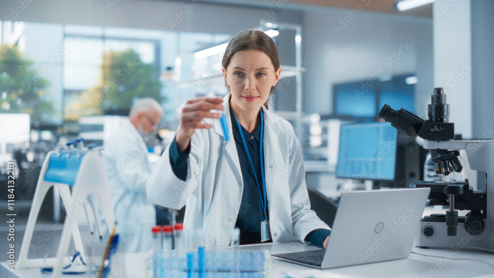 Caucasian Female Medical Research Scientist Work on a New Generation Medical Products in a Modern Laboratory. Young Woman Working on a Laptop Computer, Browsing Research Data Online Caucasian Female Medical Research Scientist Work on a New Generation Medical Products in a Modern Laboratory. Young Woman Working on a Laptop Computer, Browsing Research Data Online