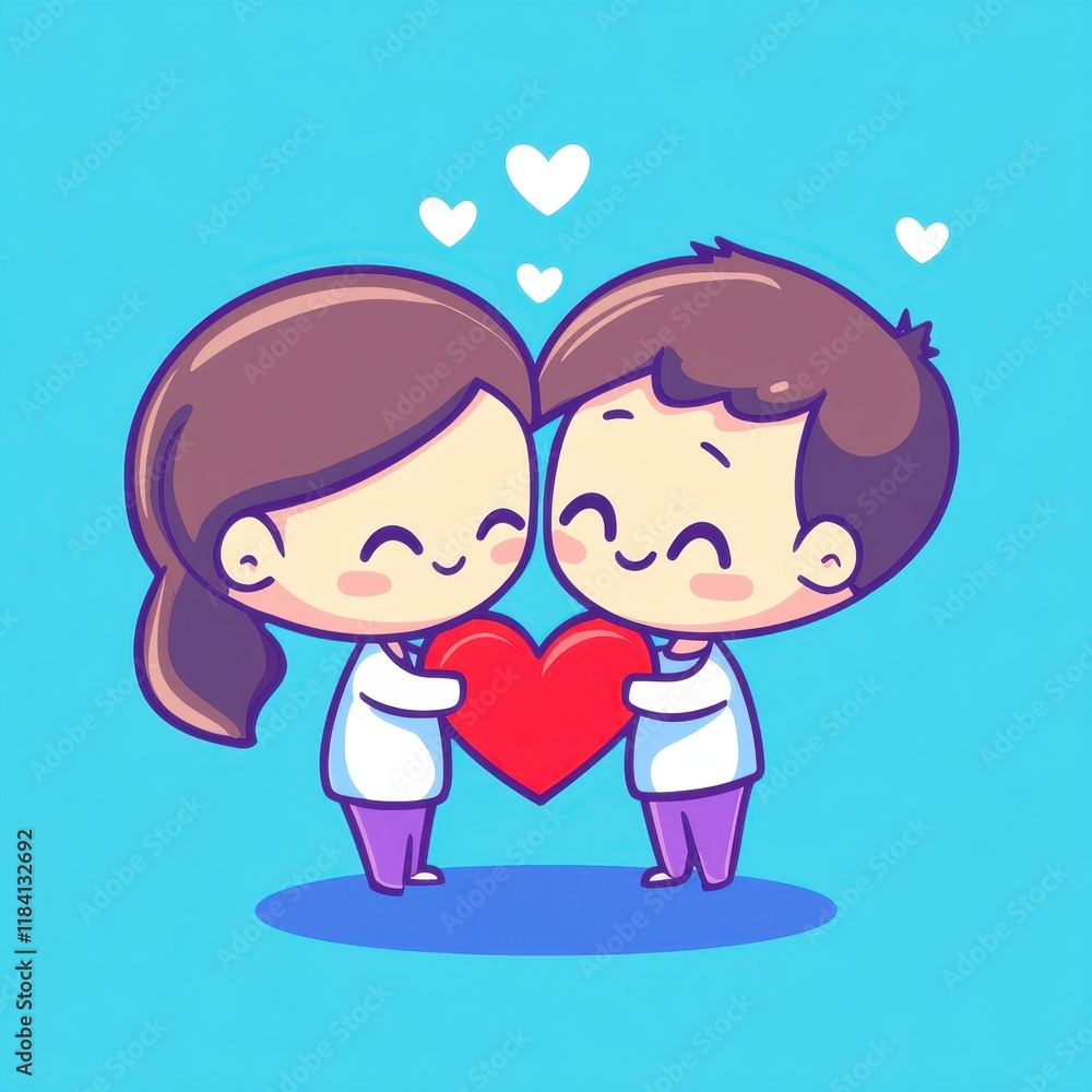 Cute Cartoon Characters Holding a Heart with Cheerful Expressions, Perfect Illustration for Love, Friendship, and Romantic Themes in Modern Social Media Contexts Cute Cartoon Characters Holding a Heart with Cheerful Expressions, Perfect Illustration for Love, Friendship, and Romantic Themes in Modern Social Media Contexts