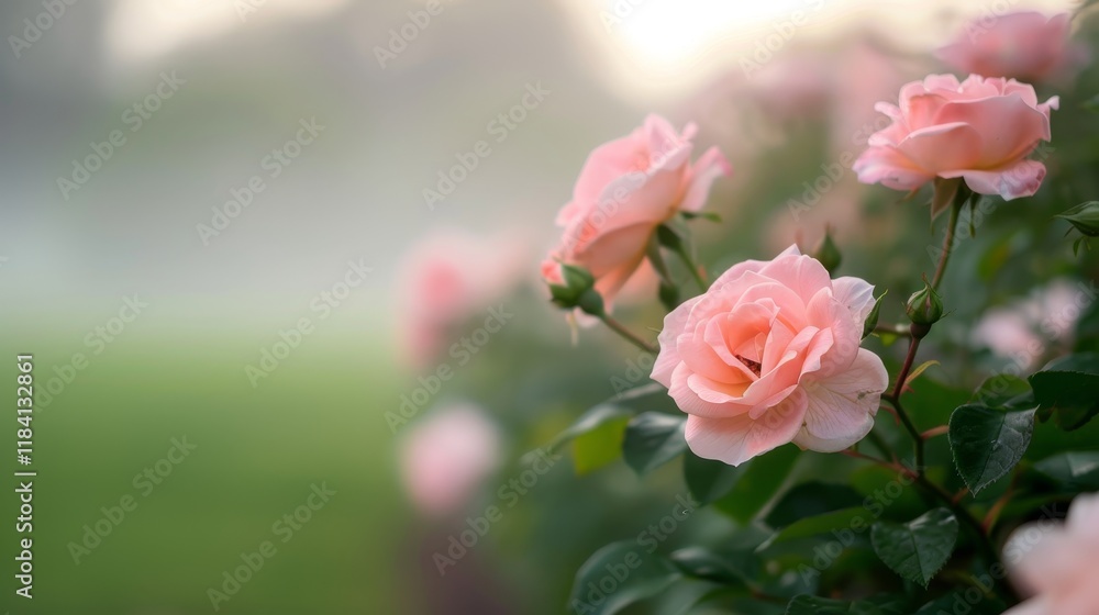 Soft Pink Roses in Morning Light with Gentle Fog on a Serene Garden Background Soft Pink Roses in Morning Light with Gentle Fog on a Serene Garden Background