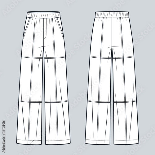 Wide leg Pants fashion flat technical drawing template. Jogger Pants technical fashion illustration, pockets, front and back view, white, women, men, unisex CAD mockup.