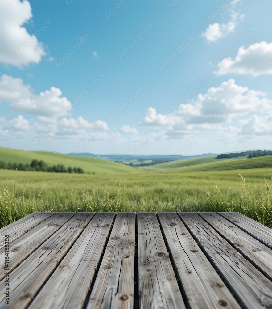 Title Wooden Podium in a Verdant Meadow Under a Blue Sky with Puffy Clouds Title Wooden Podium in a Verdant Meadow Under a Blue Sky with Puffy Clouds