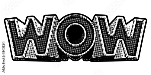 Word ‘Wow’ written in three-dimensional one-point perspective retro extruded block letters with grainy vintage halftone texture