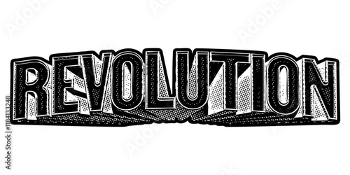 Word ‘Revolution’ written in three-dimensional one-point perspective retro extruded block letters with grainy vintage halftone texture