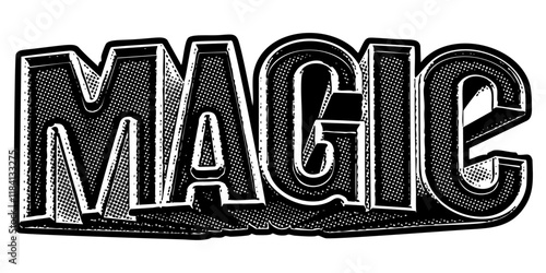 Word ‘Magic’ written in three-dimensional one-point perspective retro extruded block letters with grainy vintage halftone texture