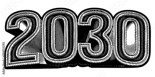 Year ‘2030’ written in three-dimensional one-point perspective retro extruded block letters with grainy vintage halftone texture