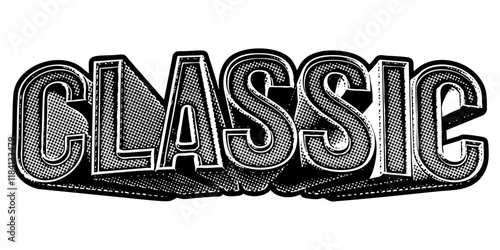 Word ‘Classic’ written in three-dimensional one-point perspective retro extruded block letters with grainy vintage halftone texture