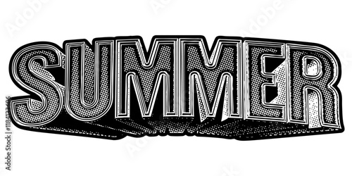 Word ‘Summer’ written in three-dimensional one-point perspective retro extruded block letters with grainy vintage halftone texture