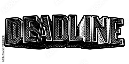 Word ‘Deadline’ written in three-dimensional one-point perspective retro extruded block letters with grainy vintage halftone texture