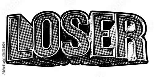 Word ‘Loser’ written in three-dimensional one-point perspective retro extruded block letters with grainy vintage halftone texture