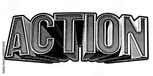 Word ‘Action’ written in three-dimensional one-point perspective retro extruded block letters with grainy vintage halftone texture