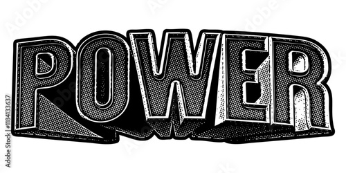 Word ‘Power’ written in three-dimensional one-point perspective retro extruded block letters with grainy vintage halftone texture