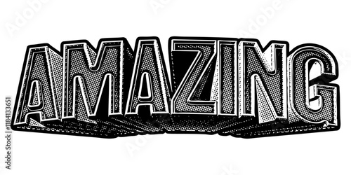 Word ‘Amazing’ written in three-dimensional one-point perspective retro extruded block letters with grainy vintage halftone texture