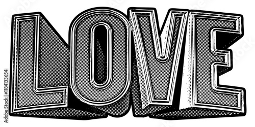 Word ‘Love’ written in three-dimensional one-point perspective retro extruded block letters with grainy vintage halftone texture