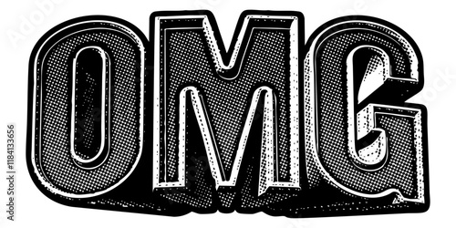 ‘OMG’ written in three-dimensional one-point perspective retro extruded block letters with grainy vintage halftone texture