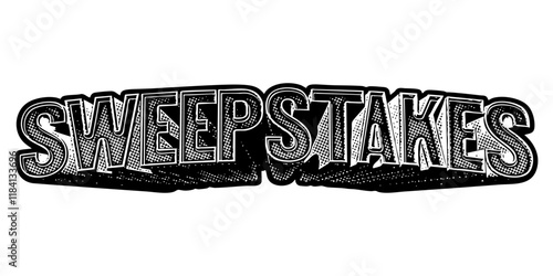 Word ‘Sweepstakes’ written in three-dimensional one-point perspective retro extruded block letters with grainy vintage halftone texture