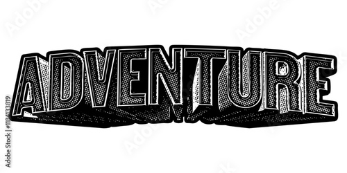Word ‘Adventure’ written in three-dimensional one-point perspective retro extruded block letters with grainy vintage halftone texture
