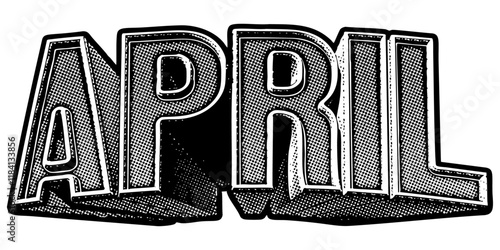 Month ‘April’ written in three-dimensional one-point perspective retro extruded block letters with grainy vintage halftone texture