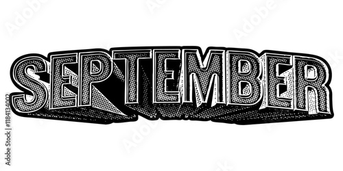 Month ‘September’ written in three-dimensional one-point perspective retro extruded block letters with grainy vintage halftone texture