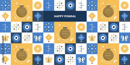 Happy pongal geometric pattern design with pongal pots, butterflies, and more. Pattern design for poster, cover, post, etc.