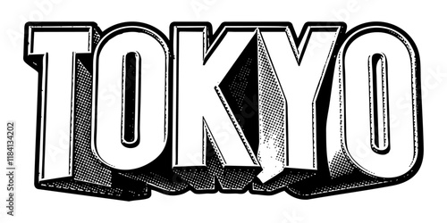 ‘Tokyo’ written in three-dimensional one-point perspective retro extruded block letters with grainy vintage halftone texture