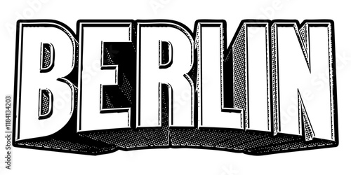 ‘Berlin’ written in three-dimensional one-point perspective retro extruded block letters with grainy vintage halftone texture