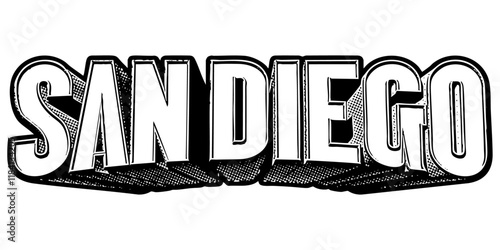 ‘San Diego’ written in three-dimensional one-point perspective retro extruded block letters with grainy vintage halftone texture