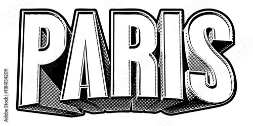 ‘Paris’ written in three-dimensional one-point perspective retro extruded block letters with grainy vintage halftone texture