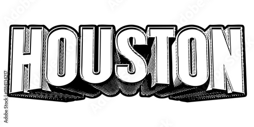 ‘Houston’ written in three-dimensional one-point perspective retro extruded block letters with grainy vintage halftone texture