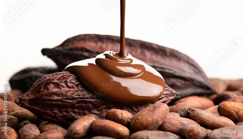 Panel kuchenny z motywem molten milk chocolate flowing over textured cacao beans